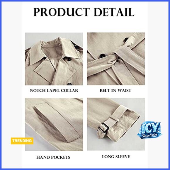 Double Breasted Long Trench Coat Windproof Slim Overcoat with Belt - Picture 6 of 7